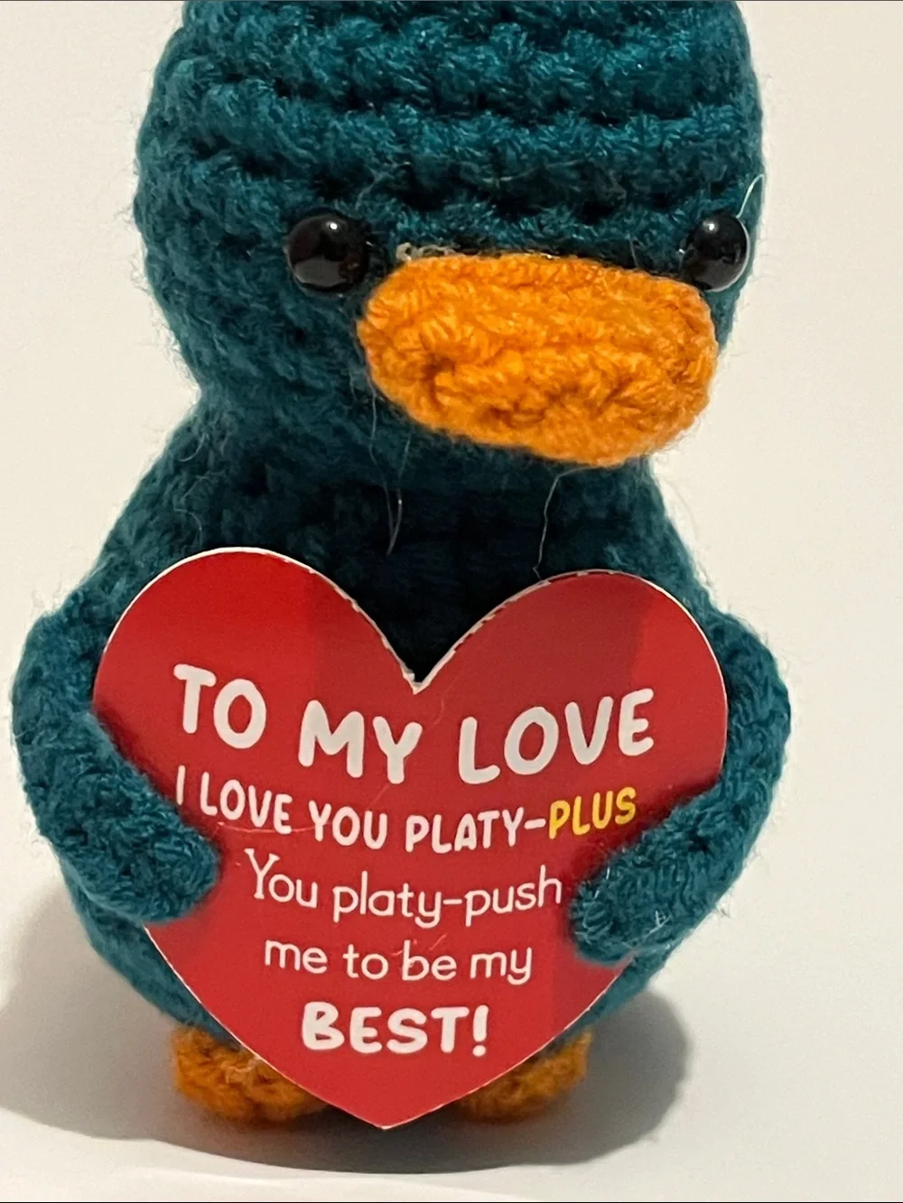 Hand Crafted Teal Plush Bird with Orange Beak and Heart